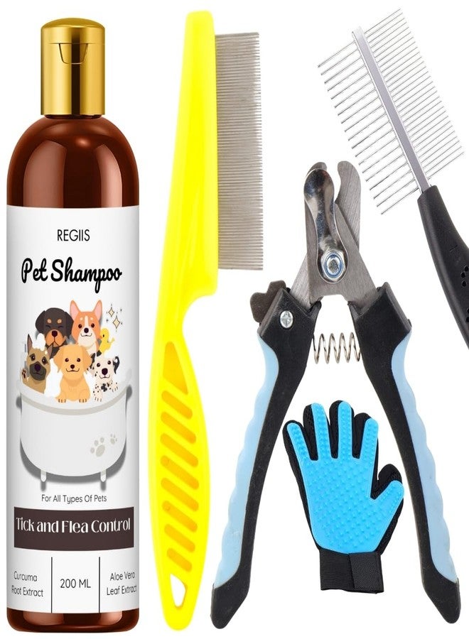 مجموعة ريجيس للعناية بالحيوانات الأليفة مع شامبو لمكافحة القراد والبراغيث، مقص أظافر احترافي، قفاز لإزالة الشعر الزائد، مشط معدني للكلاب والقطط، 200 مل (عبوة من 5 قطع) - Image 1